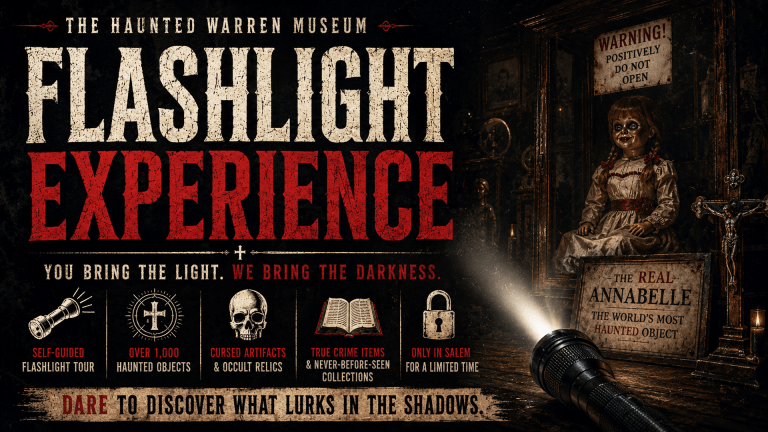 Poster for a haunted museum flashlight experience featuring spooky decorations.