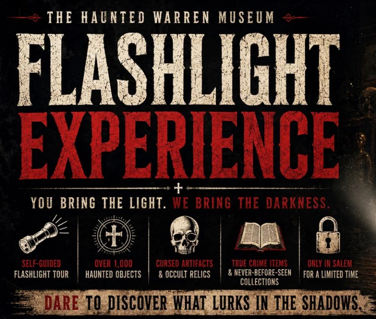 Poster for a 'Flashlight Experience' at The Haunted Warren Museum with spooky elements and bold text.
