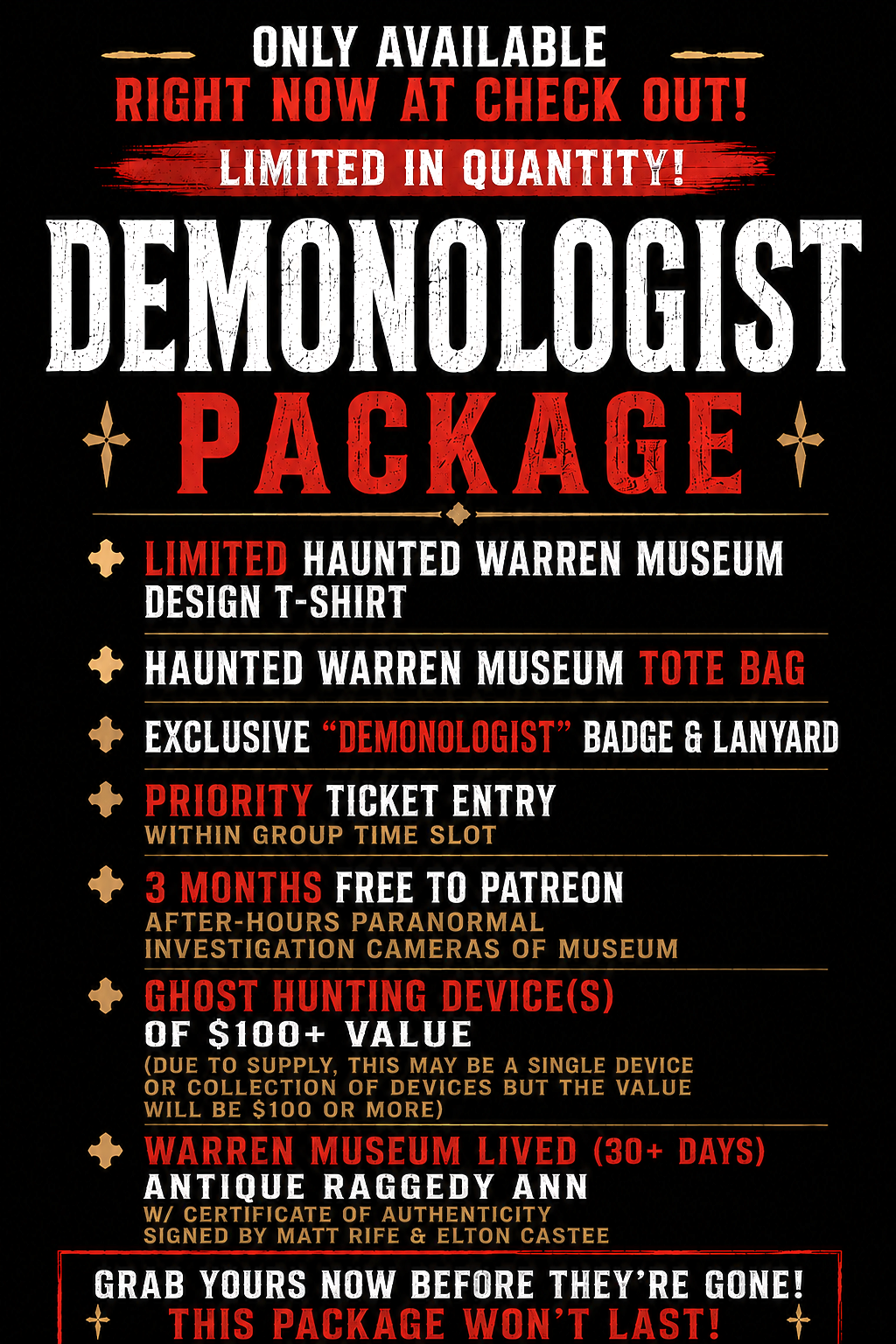 Promotional poster for a Demonologist Package with limited offers and priority entry options.