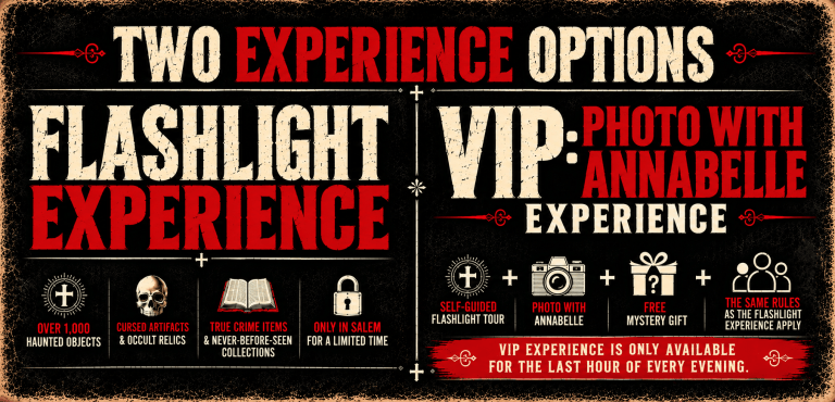 Poster offering two experience options: Flashlight Experience and VIP Experience with Annabelle photo.