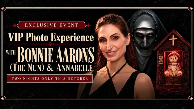 Woman posing with spooky nun figure and doll in a frame for VIP event promo.