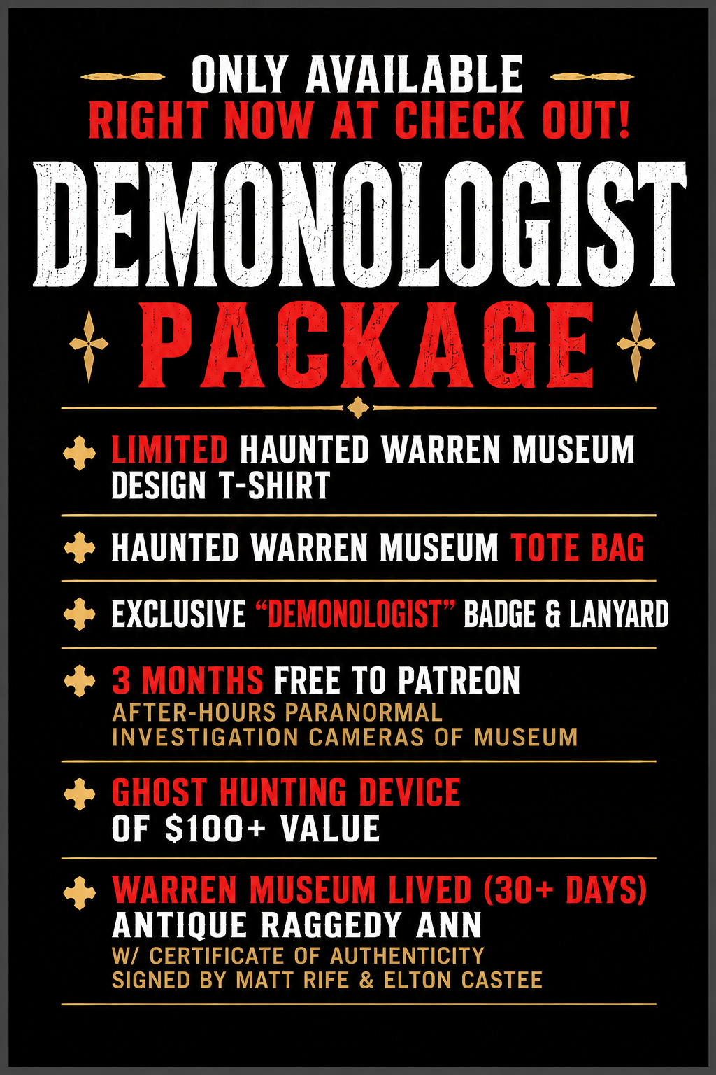 Promotional poster for Demonologist Package with items and benefits listed.
